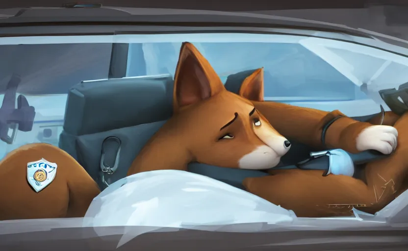 Image similar to a furry human - like dressed policewoman sleeping on duty in the police car, artstation hq, stylized, symmetry, modeled lighting, expressive, studio photo refined, highly detailed, hyper realistic, furry, sense of awe, zootopia style