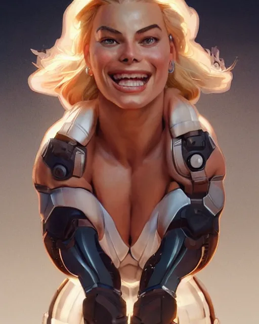 Prompt: full figure ultra realistic illustration, margot robbie as thick female bodybuilder cyborg zarya from overwatch smiling with closed eyes, intricate, elegant, highly detailed, digital painting, artstation, concept art, smooth, sharp focus, illustration, art by artgerm and greg rutkowski and alphonse mucha