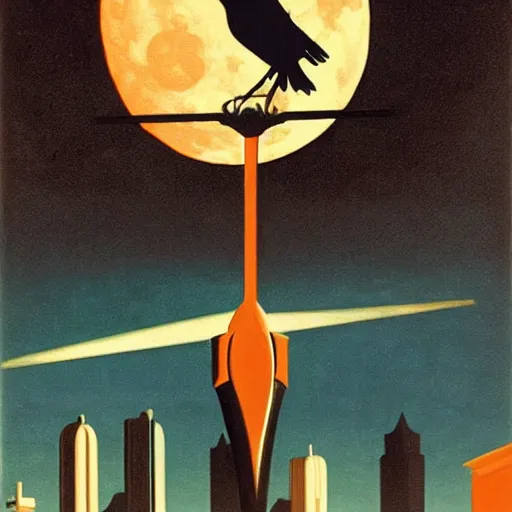 Image similar to “raven in-front of an city under the moon, art deco, 1950’s, glowing highlights, dramatic”