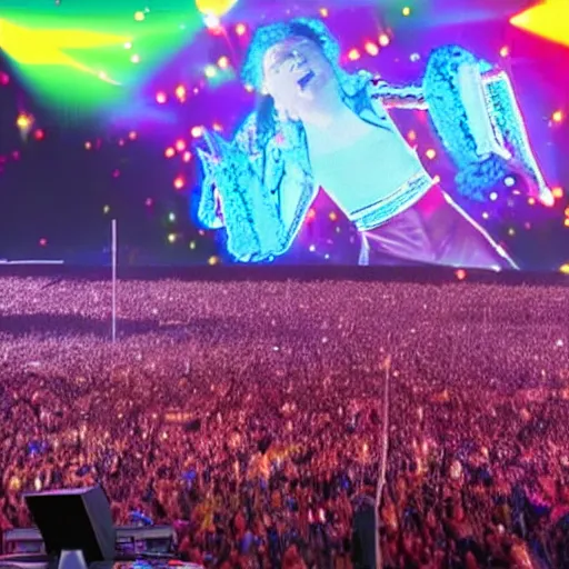 Prompt: a hologram inventing the greatest song of all time and performing it to a crowd of 1 0 0, 0 0 0 while also inserting itself into the crowd in an energy blast