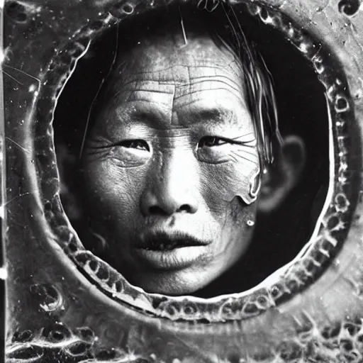 Image similar to very precise and detailed ultra realistic vintage photo portrait of a tibetan man with hive cells hole all over the face, by Annie Leibovitz