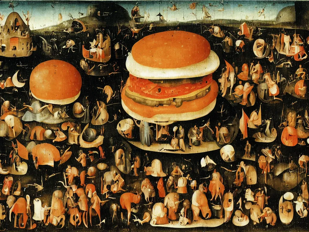 Prompt: crowd of tired workers holding a humongous hamburger over their heads with enormous effort by Hieronymus Bosch