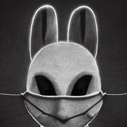 Image similar to a detailed portrait of a creepy bunny wearing an anonymous mask dressed in a suit having neon eyes, epic, cinematic, very detailed, creepy, horror, dreamscape, hdr, dark, shadows