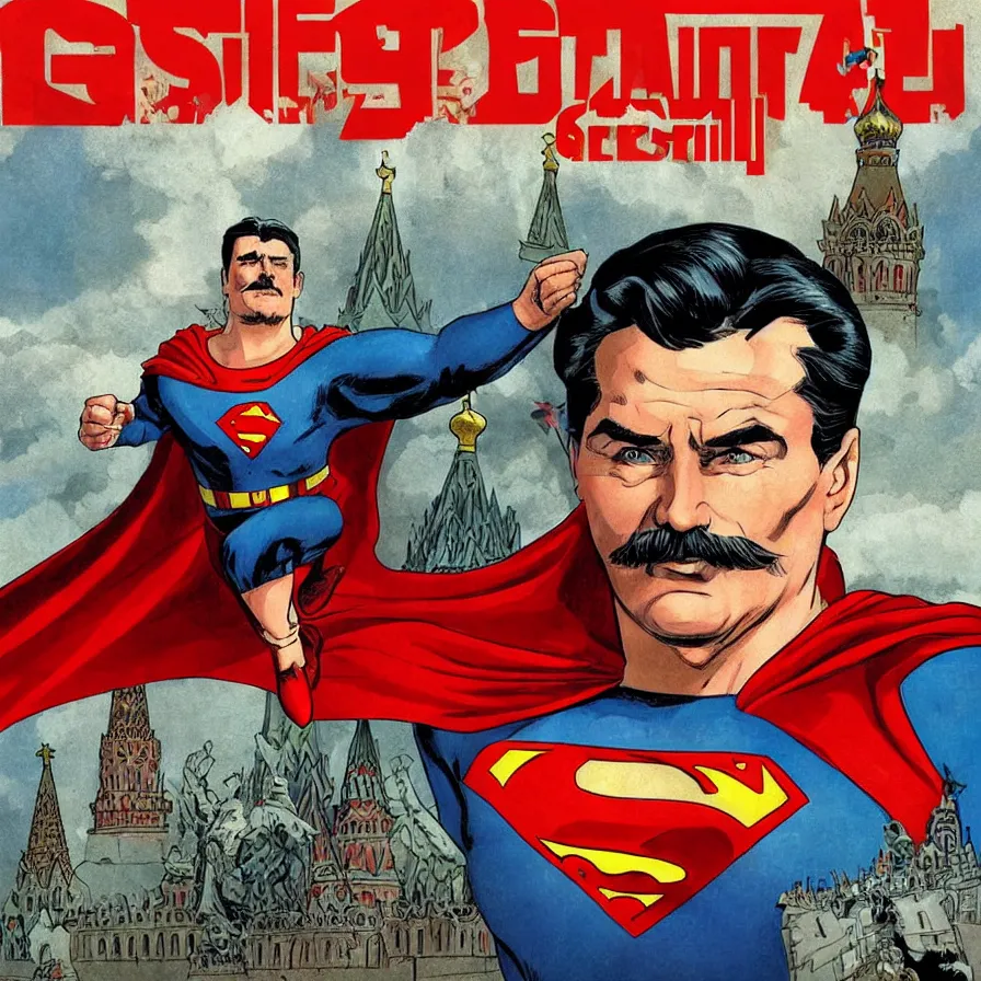 Image similar to epic comic book cover of stalin as superman floating over the red square ( moscow ), socialist realism, aesthetically pleasing, finely detailed facial features, hyperrealistic, intricate digital art, trending artstation, artgem, rich moody colors, fan art, concept art, in the style of the red son, by cory walker and ryan ottley