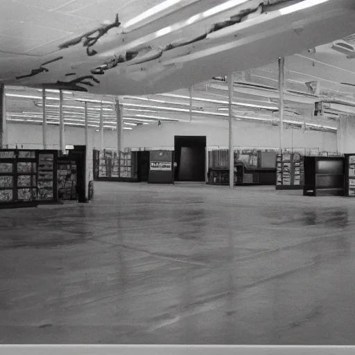 Prompt: realistic photograph of the inside of an abandoned ikea with strange humanoid monsters walking inside, 3 5 mm, film grain