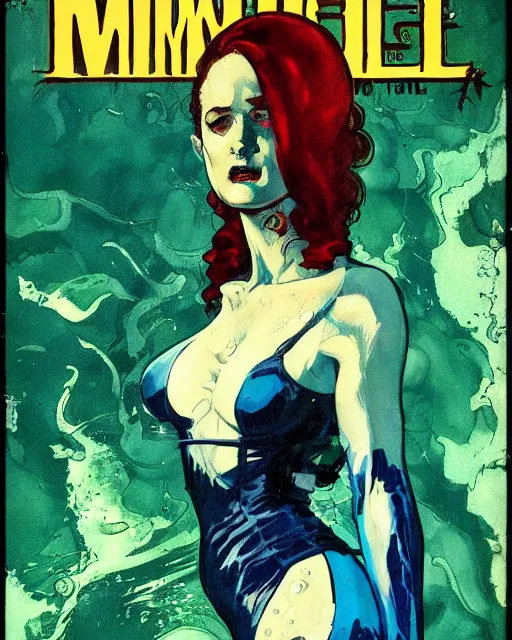 Image similar to Rafael Albuquerque comic book art, Norman Rockwell, pretty pale female Evan Rachel Wood, water demon, sharp teeth, long blue hair, full body, blue and green, underwater