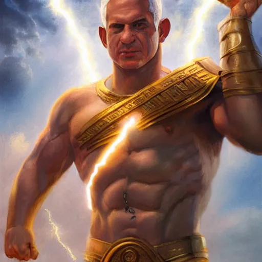 Image similar to benjamin netanyahu as the greek god of lightning, lightning bolts, highly detailed, ultra clear, by artgerm and greg rutkowski