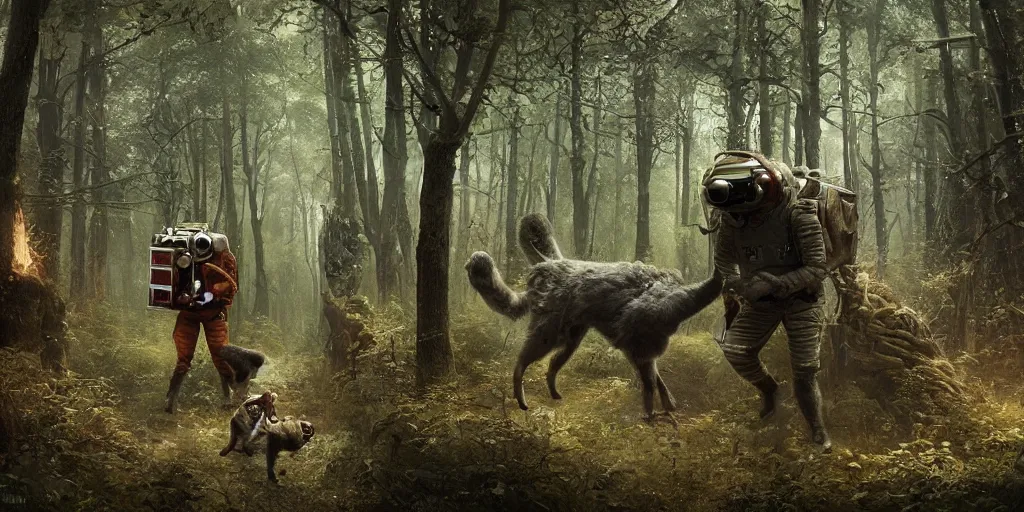 Image similar to an astronaut comes a across a strange furry creature in a forest, a detailed matte painting by frieke janssens, featured on cgsociety, fantasy art, matte painting, reimagined by industrial light and magic, matte drawing