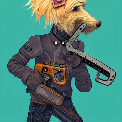 Image similar to a portrait of an anthropomorphic cyberpunk blond terrier! holding a chainsaw, fantasy, elegant, digital painting, artstation, concept art, matte, sharp focus, illustration, art by josan gonzalez