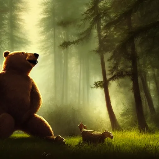 Image similar to a giant anthropomorphic bear singing on a stage in a forest, digital art, detailed face, highly detailed, calm, deviantart, art by greg rutkowski, artstation, natural lighting, dramatic