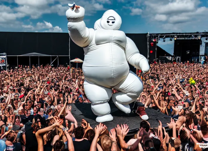 Image similar to photo still of the michelin man on stage at vans warped tour!!!!!!!! at age 3 8 years old 3 8 years of age!!!!!!! stage diving into the crowd, 8 k, 8 5 mm f 1. 8, studio lighting, rim light, right side key light