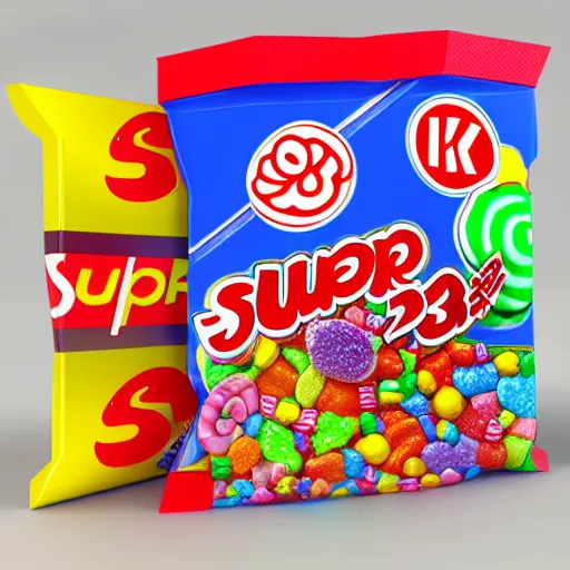 Image similar to 8 k 3 d model rendering of super sale candy package, high textured, conceptual, intricate detailed painting, illustration sharp detail, manga 1 9 9 0