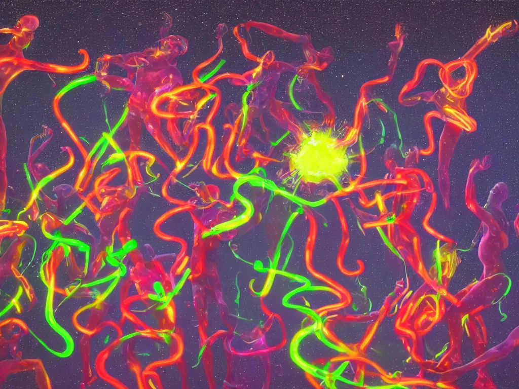 Prompt: a hyperrealistic portrait of dancing men in space opening a bottle of glowing worms and drinking fluorescent liquid , 8k