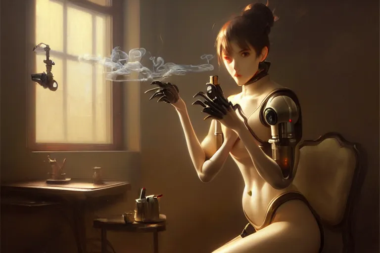 Prompt: coffee room baroque oil painting finely detailed perfect face mexican man smoking anime shinkai takeuchi key visual of character concept art metal female robot body suit pixiv fanbox, painted by greg rutkowski