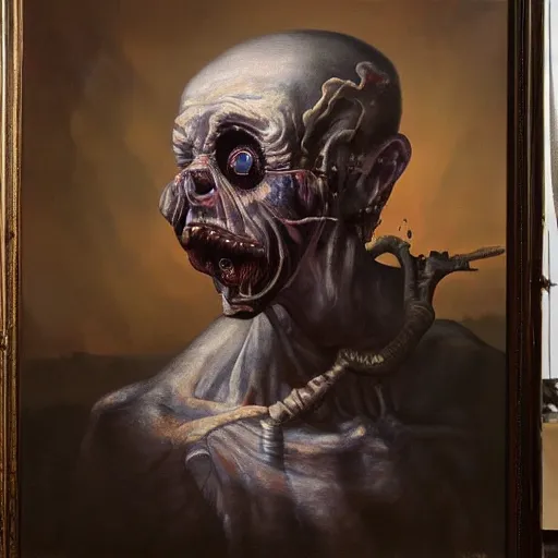 Image similar to Oil painting by Christian Rex Van Minnen of a portrait of an extremely bizarre disturbing mutated man with intense chiaroscuro lighting very detailed insanely creepy perfect composition