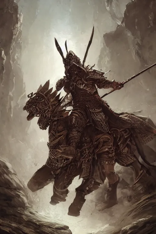 Image similar to Huge tribal oriental warrior in armor and reclined position, portrait, woodlands, magic the gathering artwork, D&D, fantasy, cinematic lighting, centered, symmetrical, highly detailed, digital painting, artstation, concept art, smooth, sharp focus, illustration, volumetric lighting, epic Composition, 8k, art by Akihiko Yoshida and Greg Rutkowski and Craig Mullins, oil painting, cgsociety