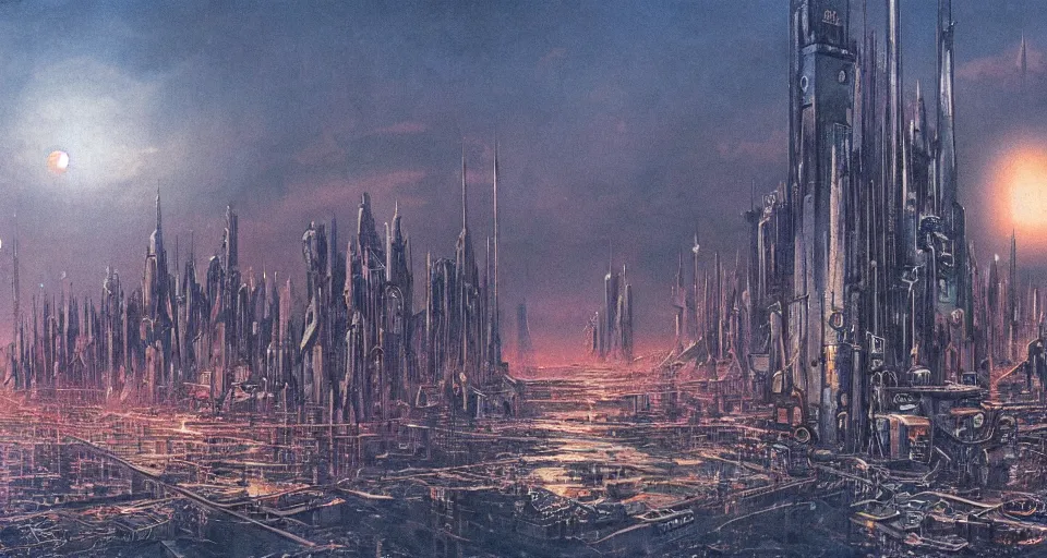 Prompt: view on futuristic city in the horizon, illustration by les edwards, detailed, sharp, masterpiece, 8 k