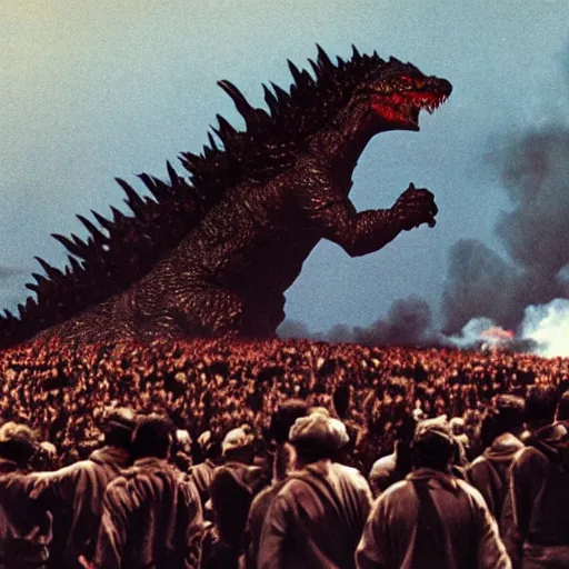 Image similar to army of godzilla on stage, smoking weed