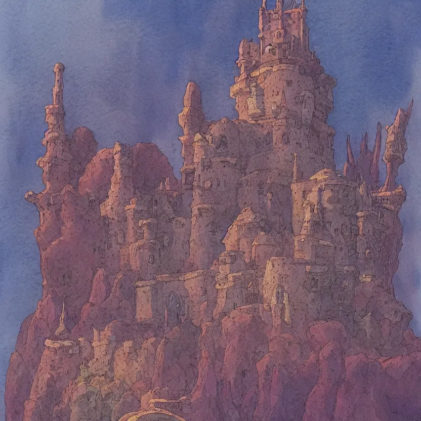 Image similar to a watercolor painting of a castle in the style of jean giraud in the style of moebius trending on artstation deviantart pinterest detailed realistic hd 8 k high resolution