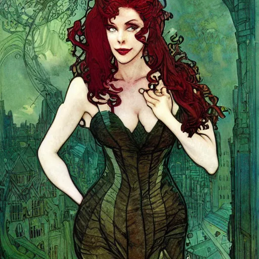 Image similar to a beautiful painting of poison ivy dressed as a lawyer in the big city, dark eyeliner, intricate, elegant, highly detailed, digital painting, artstation, concept art, matte, sharp focus, illustration, art by rebecca guay and by arthur rackham and by alphonse mucha and by john william waterhouse