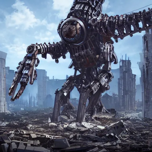 Prompt: a collosal mechanical creature towering over a ruined city , cinematic