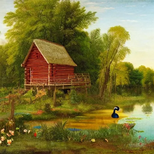 Prompt: two small log cabins on the edge of an idyllic lake that has many lily pads and brightly colored ducks on its surface, behind the cabins there is a small farm plot and a large deciduous forest, people can be seen tending to the area around the cabins, renaissance painting, high quality