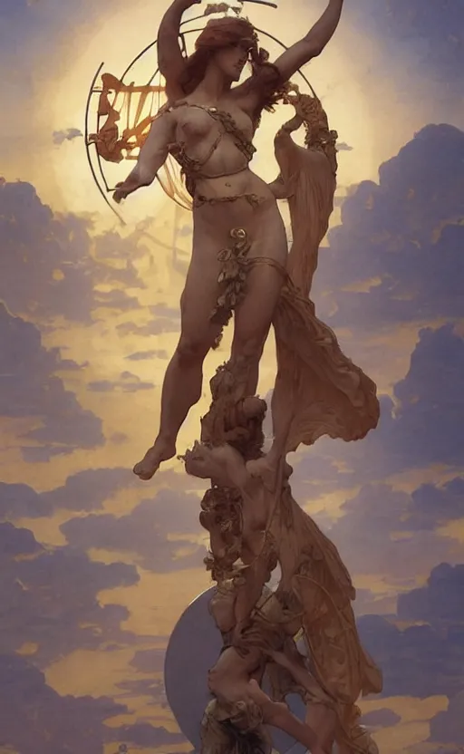 Image similar to solarpunk four armed statue of the goddess of the sun helios descending from olympus, artstation, concept art, smooth, sharp focus, illustration, art by artgerm and greg rutkowski and alphonse mucha and william adolphe bouguereau and john william waterhouse and gianlorenzo bernini