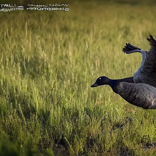 Image similar to high quality trail cam footage of a goose attacking a human. 8 k photography, depth of field, canon dslr