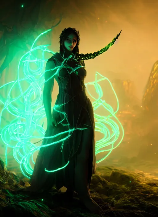 Prompt: high fantasy and sci - fi elvish rogue wearing a bioluminescent vine dress, surrounded by elvish glowing runes cinematic shot in the style of final fantasy, cinematic lighting, hyperdetailed, 8 k realistic, global illumination, mysterious light, dof, trending on artstation, digital art