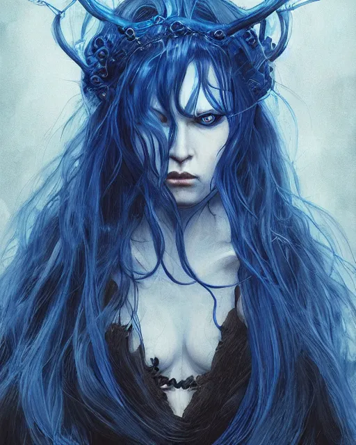 Image similar to portrait of a ranni the witch from elden ring, blue hair, elegant, beautiful, mesmerizing, concept art, highly detailed, artstation, behance, deviantart, trending, ayami kojima, shinichi sakamoto, kaoru mori