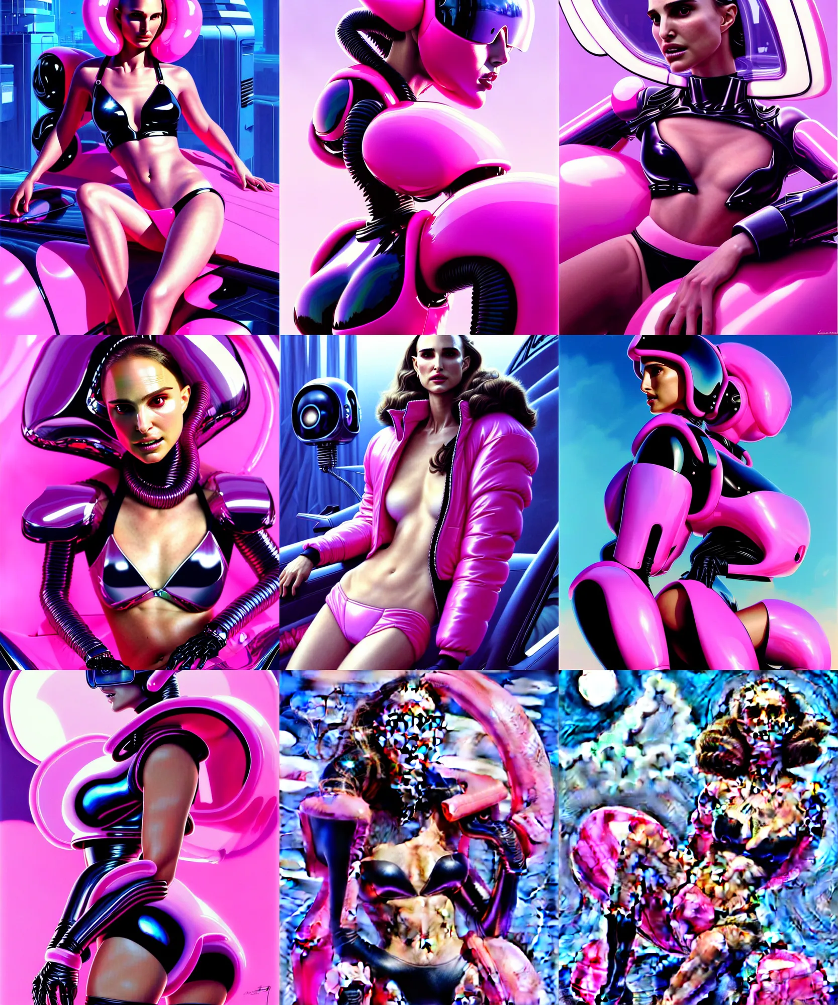 Image similar to beautiful fantasy character portrait, natalie portman, wearing oversized plastic puffy pink bomber jacket and black bikini, seductive seated pose, futuristic chrome vehicle, ultra realistic, wide angle, dramatic lighting, robots, cyberpunk artifacts, highly detailed by paolo eleuteri serpieri, boris vallejo, aaron horkey, hajime sorayama, peter mohrbacher,,
