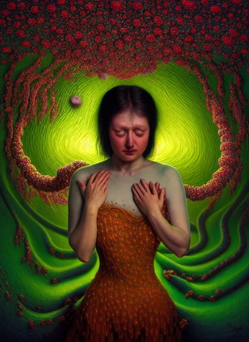 Image similar to hyper detailed 3d render like a Oil painting - Aurora (Singer) Eats of the Strangling Fruit of penance open eyes and Her Hands full of gossamer polyp blossoms bring iridescent fungal flowers whose spores black the foolish stars by Jacek Yerka, Mariusz Lewandowski, Houdini algorithmic generative render, Abstract brush strokes, Masterpiece, Edward Hopper and James Gilleard, Zdzislaw Beksinski, Mark Ryden, Wolfgang Lettl, hints of Yayoi Kasuma, octane render, 8k