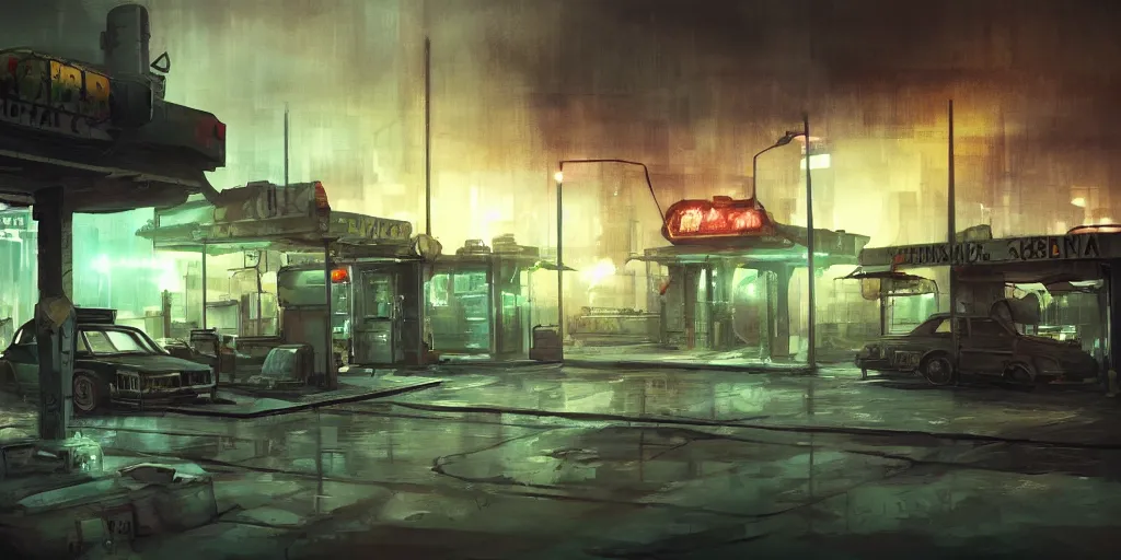 Image similar to a post apocalyptic gas station in the style of bladerunner, trending on artstation, vintage colors, volumetric lighting