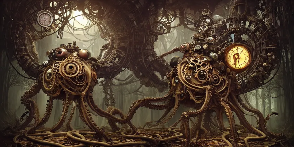 Image similar to biomechanical steampunk creature with robotic parts and big octopus head and (glowing) eyes guarding an ancient chest in a mystic forest, gothic and baroque, brutalist architecture, ultradetailed, creepy ambiance, artgerm, giger, Intricate by Ellen Jewett and Josan Gonzalez and Giuseppe Arcimboldo