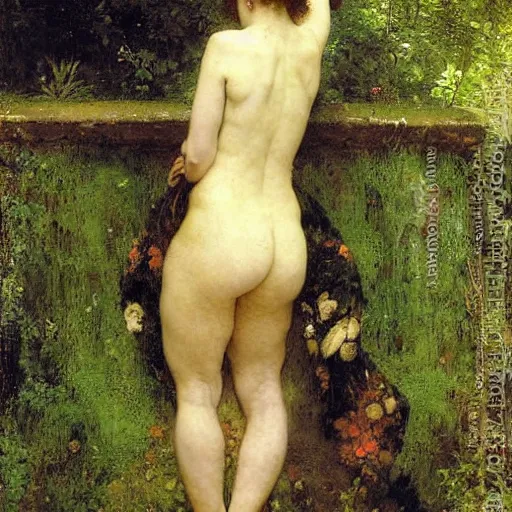 Image similar to a renaissance oil painting by alma tadema of a woman turned back on a stone balcony covered in moss with over shoulder view on a jungle, colourful pastel, detailed academic bouguereau, sharp focus