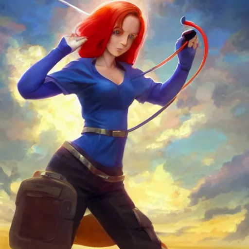 Prompt: Female Pokemon Trainer with Red hair and Blue eyes, detailed, centered, digital painting, artstation, concept art, donato giancola, Joseph Christian Leyendecker, WLOP, Boris Vallejo, Breathtaking, 8k resolution, extremely detailed, beautiful, establishing shot, artistic, hyperrealistic, beautiful face, octane render, cinematic lighting, dramatic lighting, masterpiece