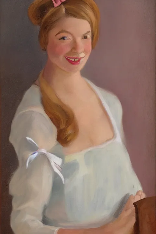 Image similar to a portrait of a young woman wearing a dress and wearing a bow in her hair, by dean yeagle