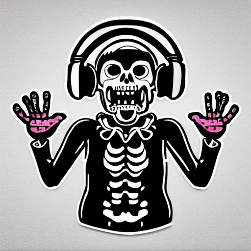 Image similar to svg sticker of a Dancing-Zombie-Skeleton, at a rave, spinning records, giant headphones rocking out, wearing headphones, huge speakers, dancing, rave, DJ, spinning records, digital art, amazing composition, rule-of-thirds, award-winning, trending on artstation, featured on deviantart