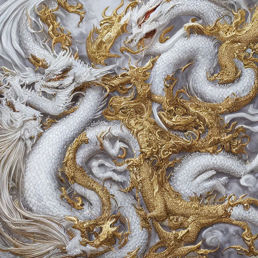 Image similar to amazing exquisite matte painting, close - up portrait of a chinese white dragon, sacred, shimmer, exquisite detail, huge details, gold detailed line work, by xision and yukii morita,, james jean, trending on artstation