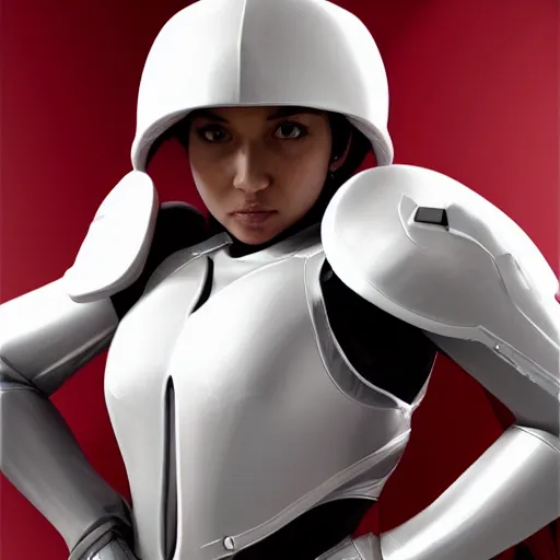 Image similar to portrait of a beautiful female soldier, no makeup, in glossy sleek white armor inspired by samus aran and a long red cape, heroic posture, determined expression, no helmet, on the surface of mars, cinematic, sci-fi, hyperrealistic, detailed