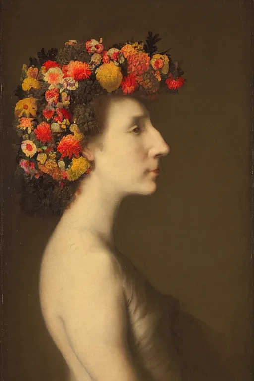 Image similar to a woman's face in profile, with long hair made of flowers and fruit, in the style of the dutch masters, dark and moody