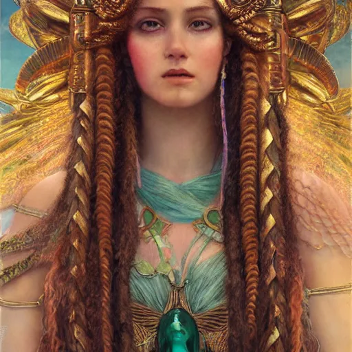 Image similar to octane render, artstation, 8 k, intricate detail, hyper detail, portrait by gaston bussiere, greg rutkowski, sandro botticelli, tan lady of elche, egyptian sumerian features, techno mystic goddess princess intergalactica inanna with aqua neon rapunzel dreadlocks,