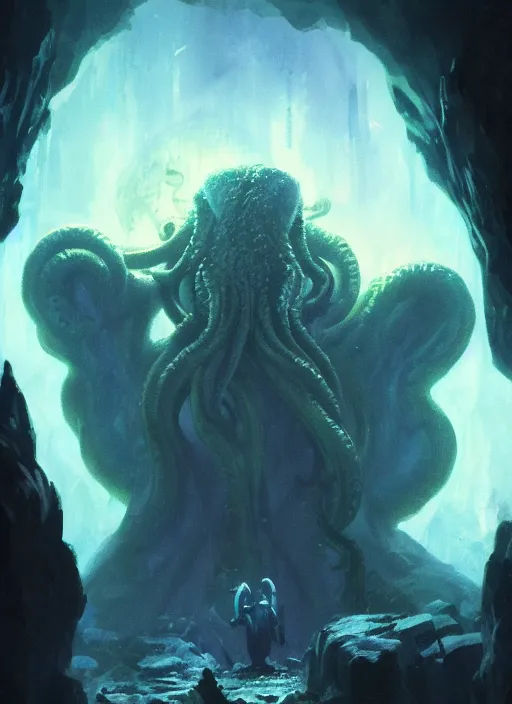 Prompt: cthulhu in a blue cave , by Greg Rutkowski , 8k, photorealistic, cinematic lighting, HD, high details, dramatic, atmospheric , trending on artstation