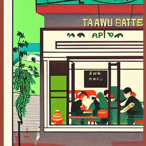 Image similar to taiwanese cafe with cannabis pot plants 🪴 utopia frontage poster by will barnet