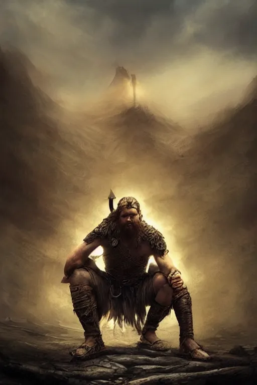 Image similar to aesthetic digital illustration of a defeated viking warrior on his knees by anne stokes, greg rutkowski, and brian belledin | dirty and bloody, concept art, character concept, matte background, golden ratio, rule of thirds, golden hour lighting, unreal engine, finalrender, centered, deviantart, artgerm