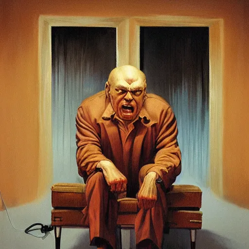 Prompt: angry old man in chair inside a dark house, surrealism, painting by boris vallejo and michael whelan