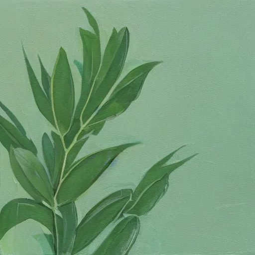 Image similar to an abstract painting of a dark plant sprawling out across a mint green background