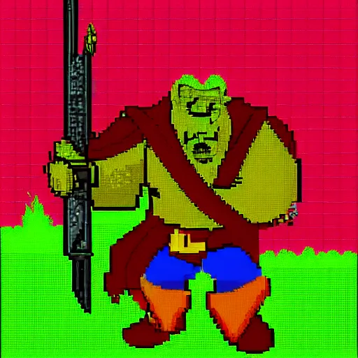 Prompt: Orc male readies his rifle, staring down the telescopic sights. His red and gold cape fluffers in the wind, and his renaissance era armor glistens in the sunshine, pixel art 128x128 MS-DOS Heroes of Might and Magic