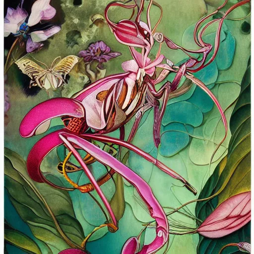 Prompt: majestic colorful orchid mantis enamel by leon bakst and yoshitaka amano, beautiful hyperdetailed art nouveau orchids, james jean, amanda sage