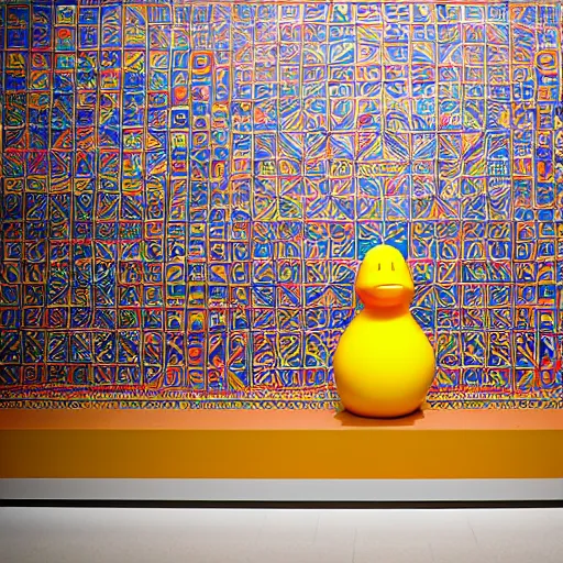 Image similar to wide shot, one photorealistic rubber duck in foreground on a pedestal in an museum gallery, british museum, the walls are covered with colorful geometric wall paintings in the style of sol lewitt, tall arched stone doorways, through the doorways are more wall paintings in the style of sol lewitt.